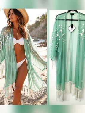 SPIAGGIA DOLCE Women's SHEER Embroidered GREEN Floral Fringe KIMONO Cover Up 2X
